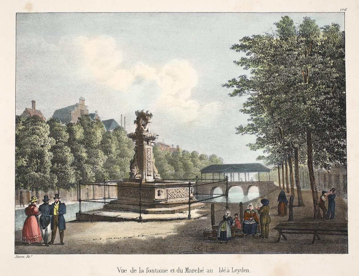 Uitzicht op de fontein en de graanmarkt in Leiden, ca. 1895 door Belgian School