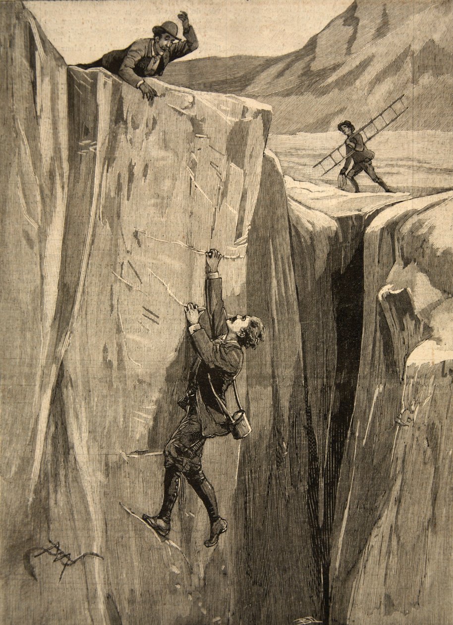 Een toerist hangend in een spleet in de Alpen, uit 