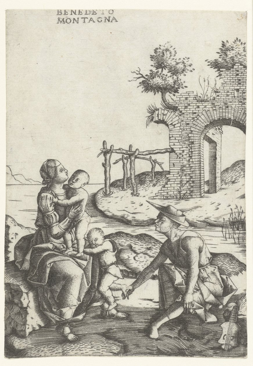 Familie zit aan waterkant vlakbij ruïne door Benedetto Montagna