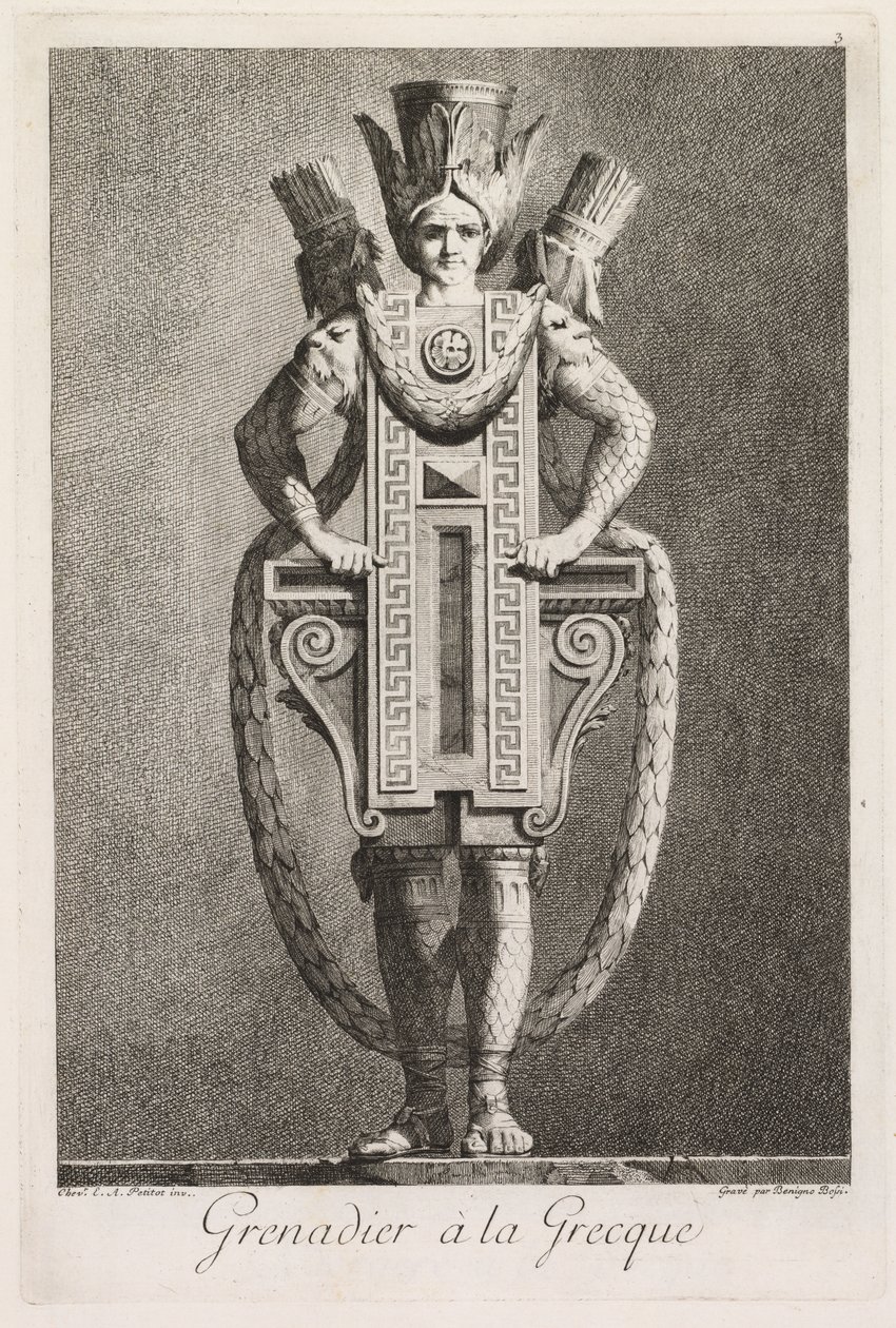 Mascarade à la Grecque: Grenadier à la Grecque Plaat 3, 1771 door Benigno Bossi