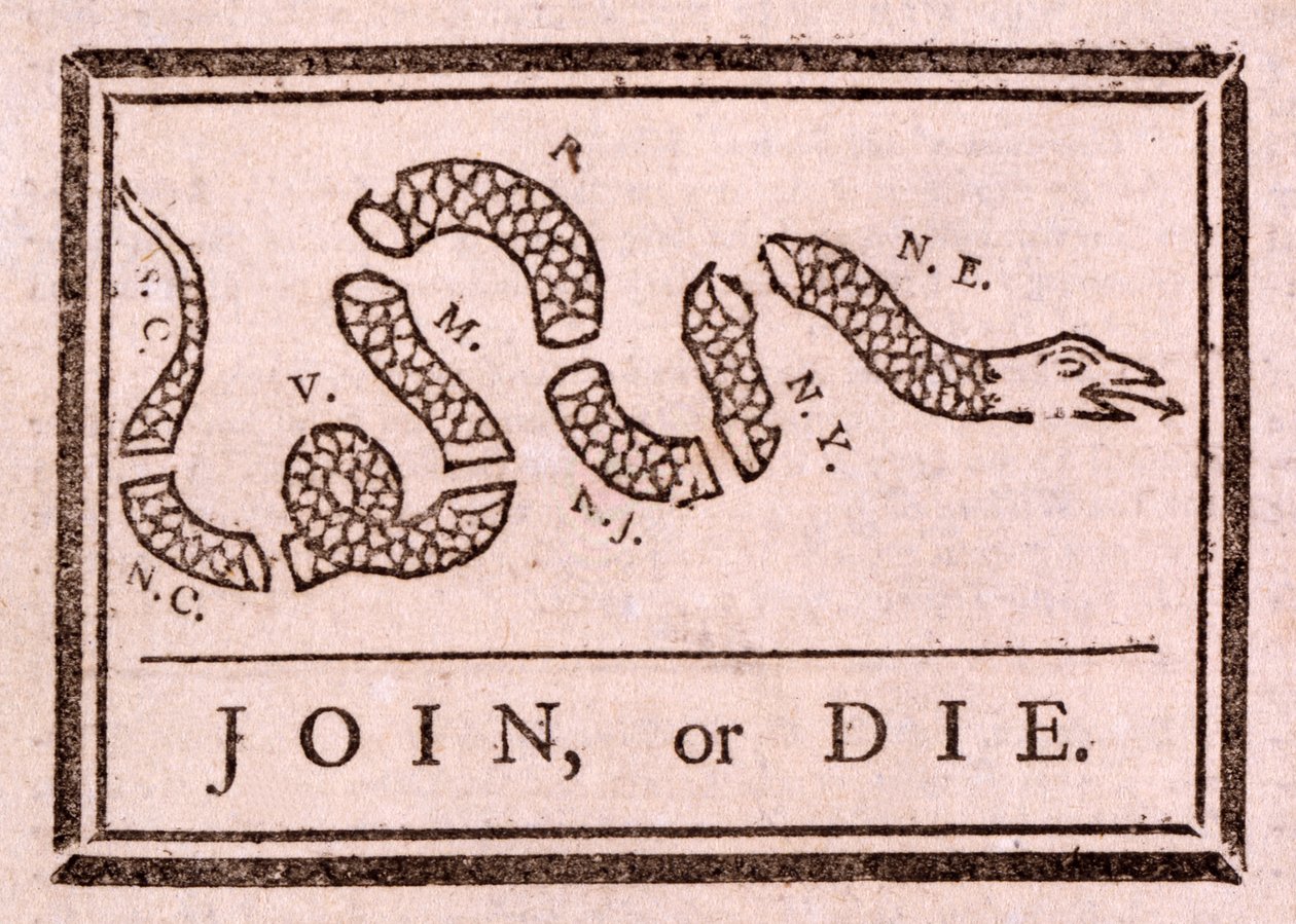 Join, or Die, uitgegeven 1754 door Benjamin Franklin