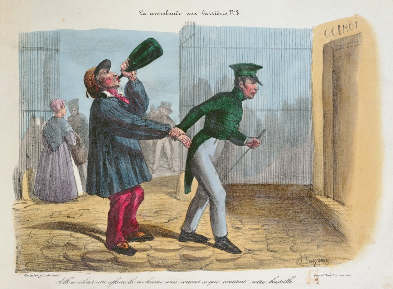 Ontdekking van smokkelwaar bij de douanebarrière bij de ingang van Parijs, ca. 1840 door Benjamin Roubaud