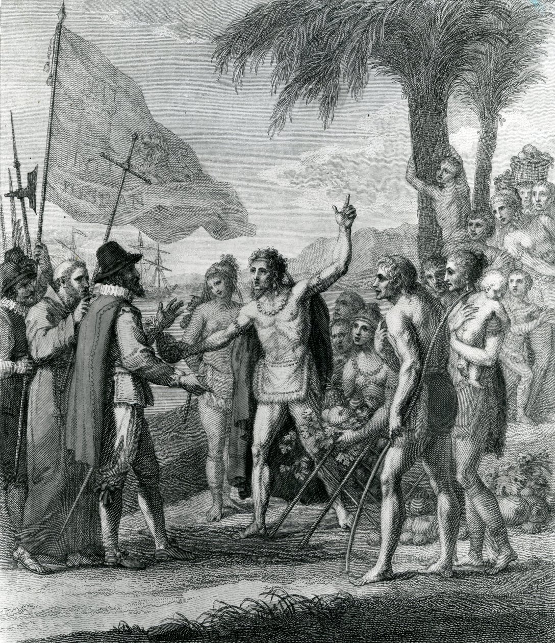 Een Indiaanse cacique van het eiland Cuba spreekt Columbus (1451-1500) toe over een toekomstige staat, frontispice van 