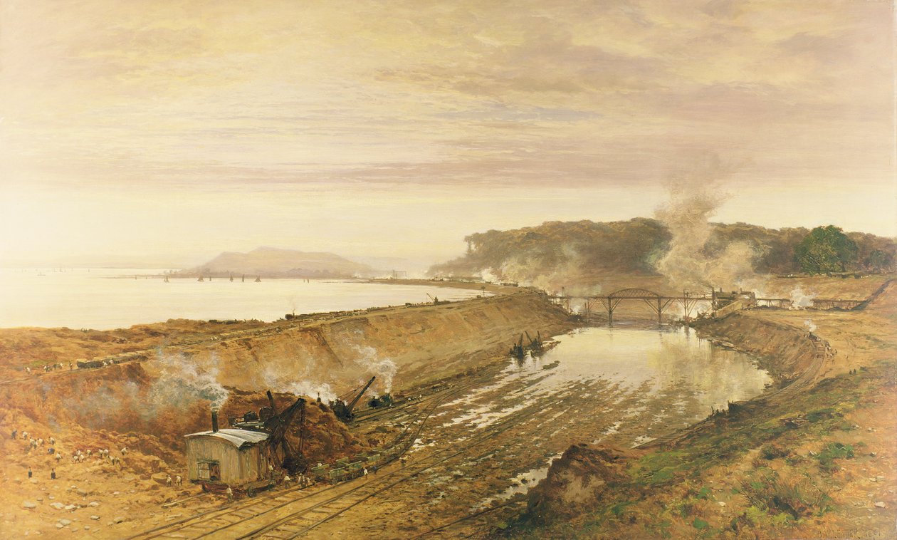De bouw van Eastham Lock op het Manchester Ship Canal door Benjamin Williams Leader