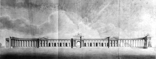 Perspectief van kantoren gezien vanaf de Grote Hof door Benjamin Dean Wyatt