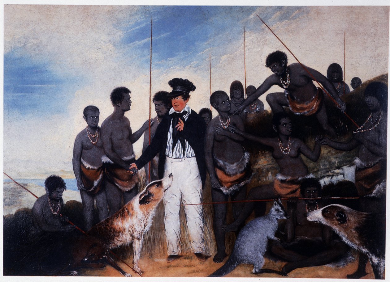 De verzoening: ontmoeting van een kolonist met een groep Aboriginals in Australië - olieverf op doek, door Benjamin Duterrau door Benjamin Duterrau