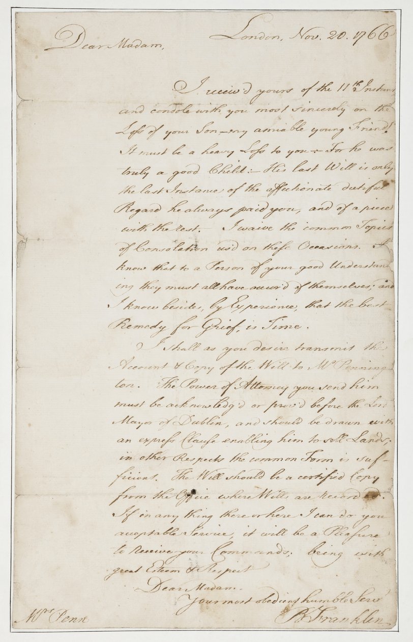 Handgeschreven brief aan mevrouw Ann Penn, Londen, 20 november 1766 door Benjamin Franklin