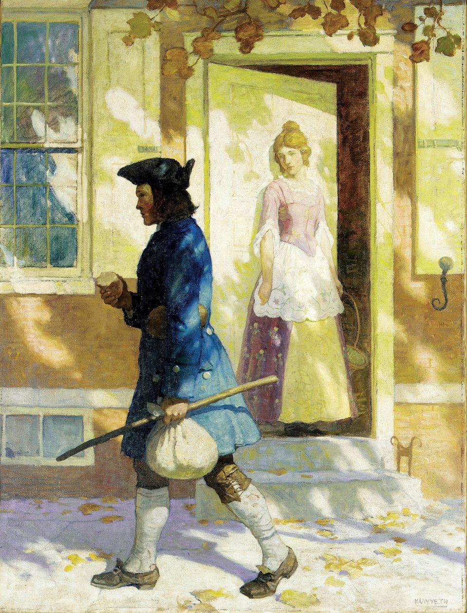 "De aankomst van Benjamin Franklin (1706-1790) als jongeman in Philadelphia om werk te zoeken" Schilderij door Newell Convers (NC) Wyeth (1882-1945) Privécollectie door Benjamin Franklin