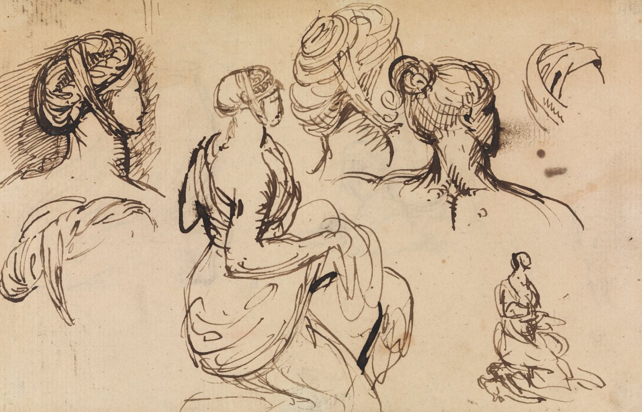 Figuurstudie van vrouwen en hun kapsels door Benjamin Robert Haydon