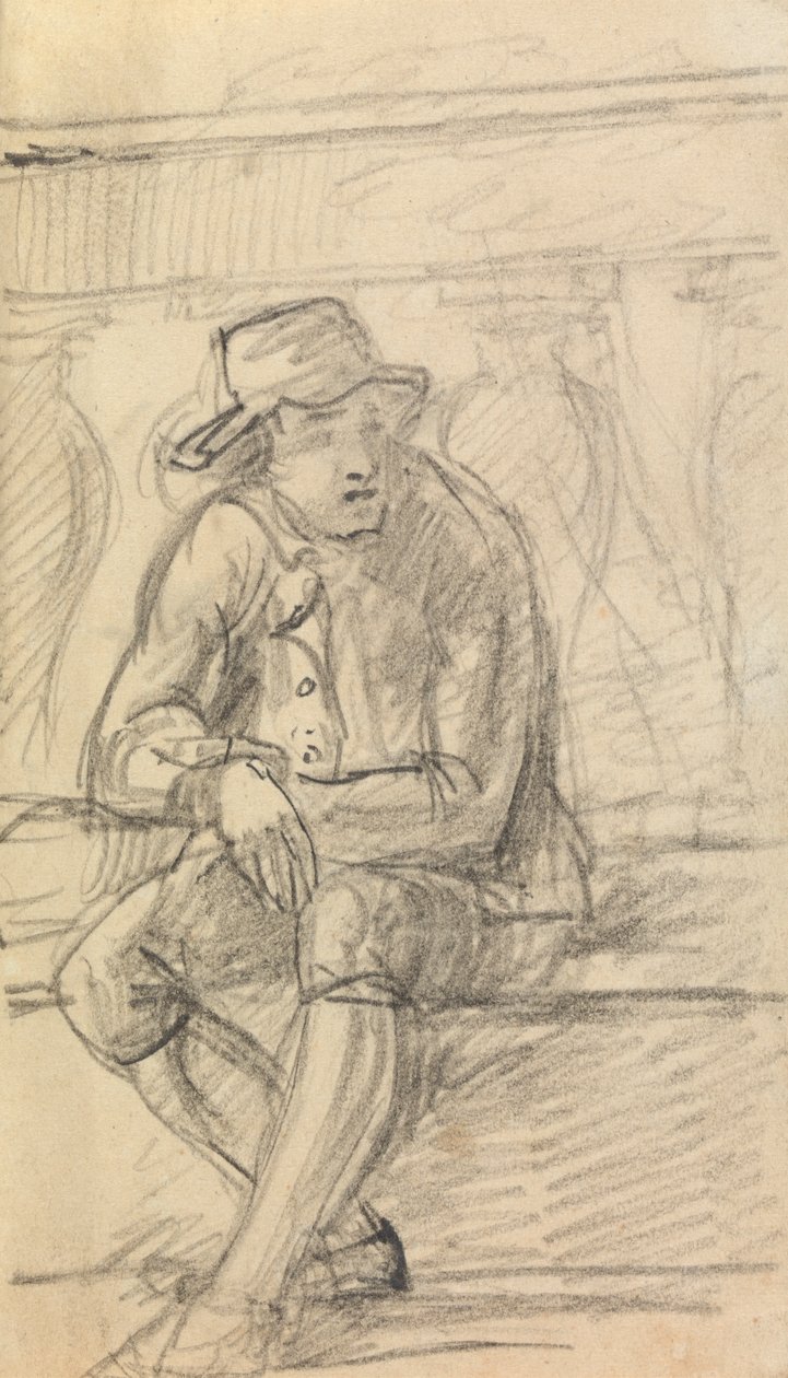 Figuurstudie van een jonge man, met een hoed, zittend buiten door Benjamin Robert Haydon