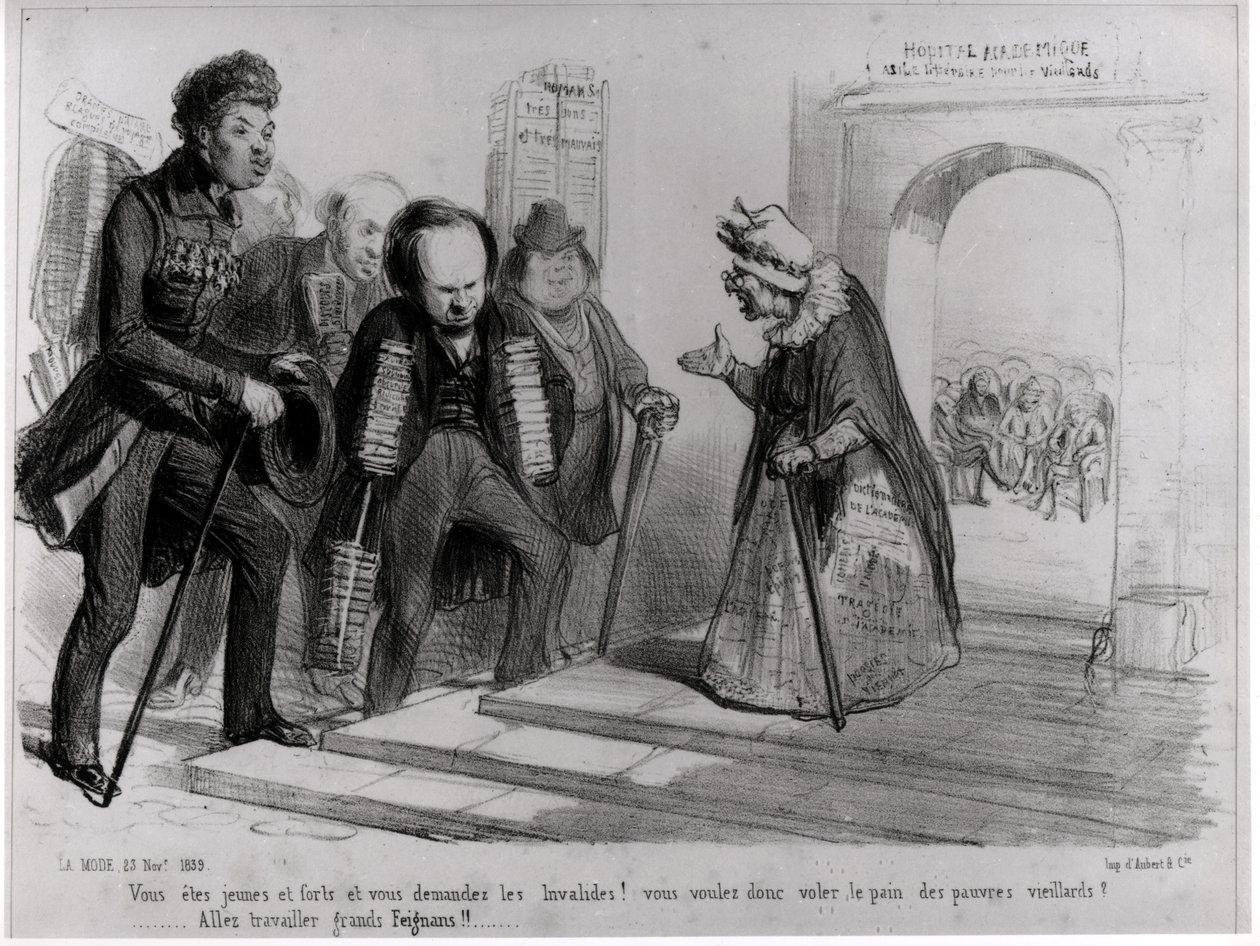 Dumas, Hugo en Balzac zoeken hun toelating tot de Franse Academie, illustratie uit 