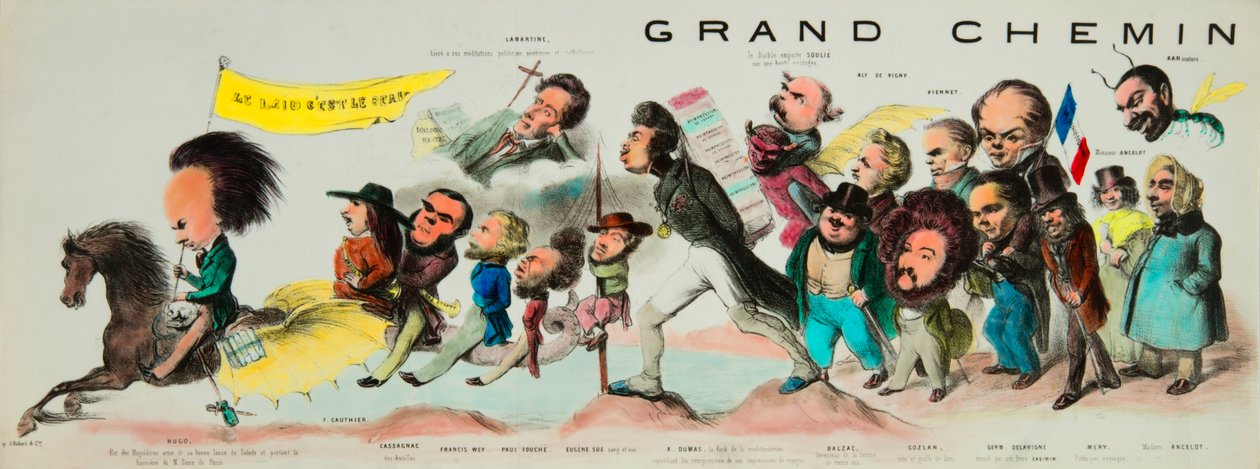 De grote rit van de posteriteit. (Monte op de romantische Pegasus, Victor Hugo (1802-1885), koning van de Hugolatres, bewapend met zijn goede Toledo-blad en dragend de banier van Notre-Dame de Paris, nam Theophile Gautier (1811-1872), Bernard Adolphe Grani door Benjamin Roubaud