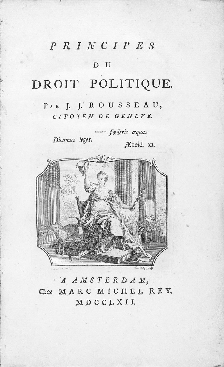 Frontispice van "Principes van Politiek Recht" door Jean Jacques Rousseau, met allegorische vignette van Vrijheid, gegraveerd door Borly, gepubliceerd 1762 door Benjamin Samuel Bolomey