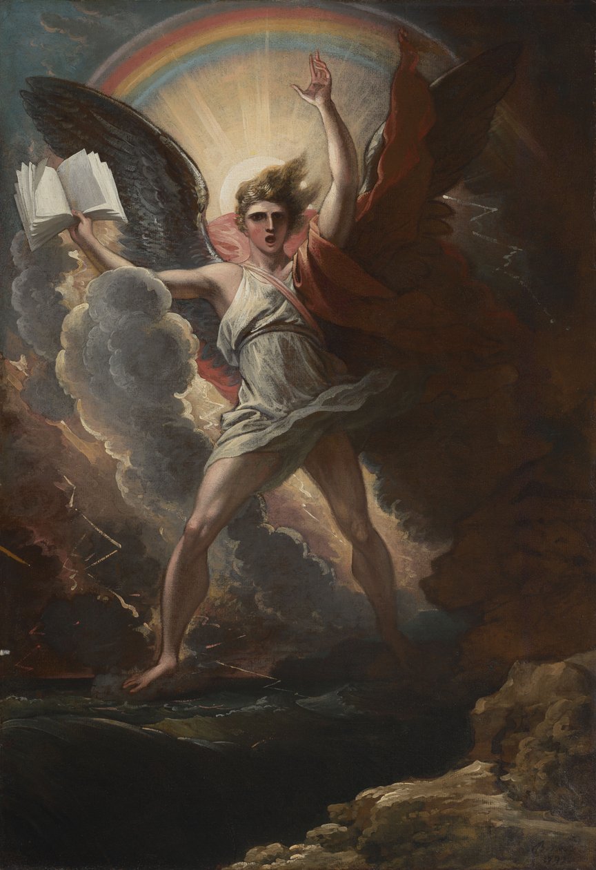 Een machtige engel staat op het land en op de zee door Benjamin West