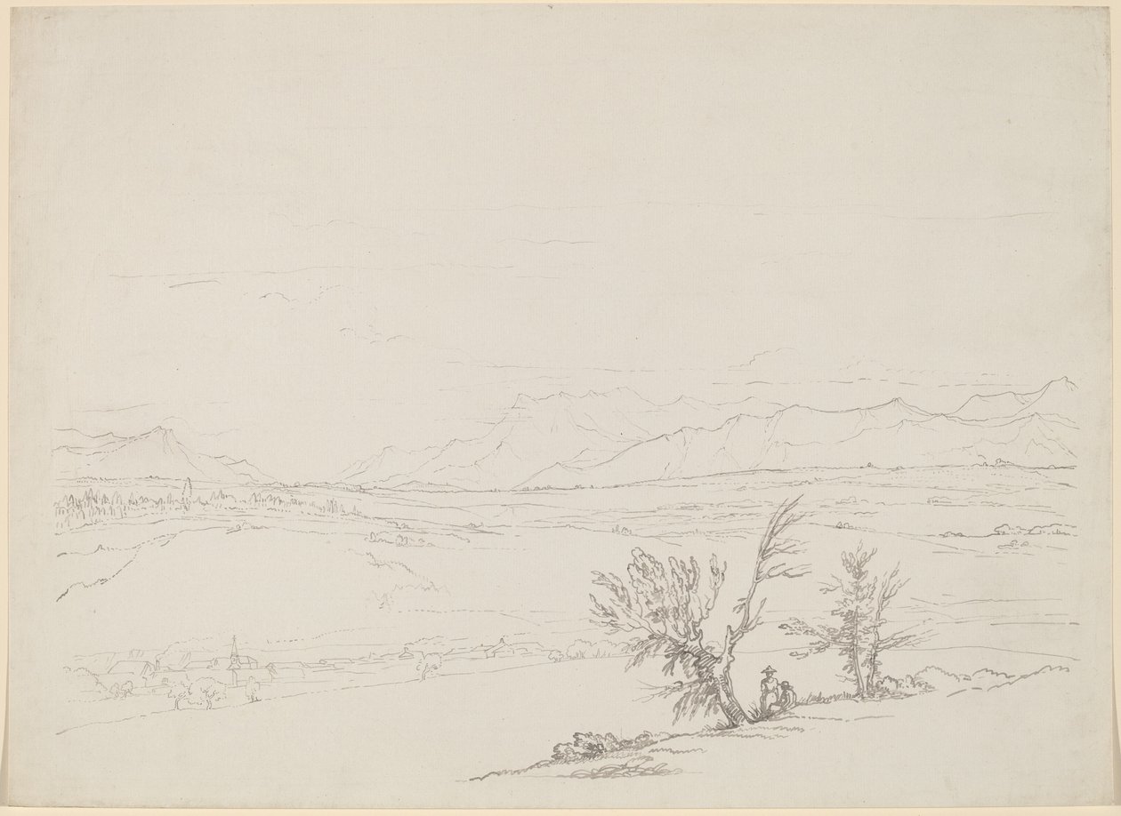 Een Alpenlandschap met een Koppel Zittend bij Bomen met Uitzicht op een Vallei door Benjamin West
