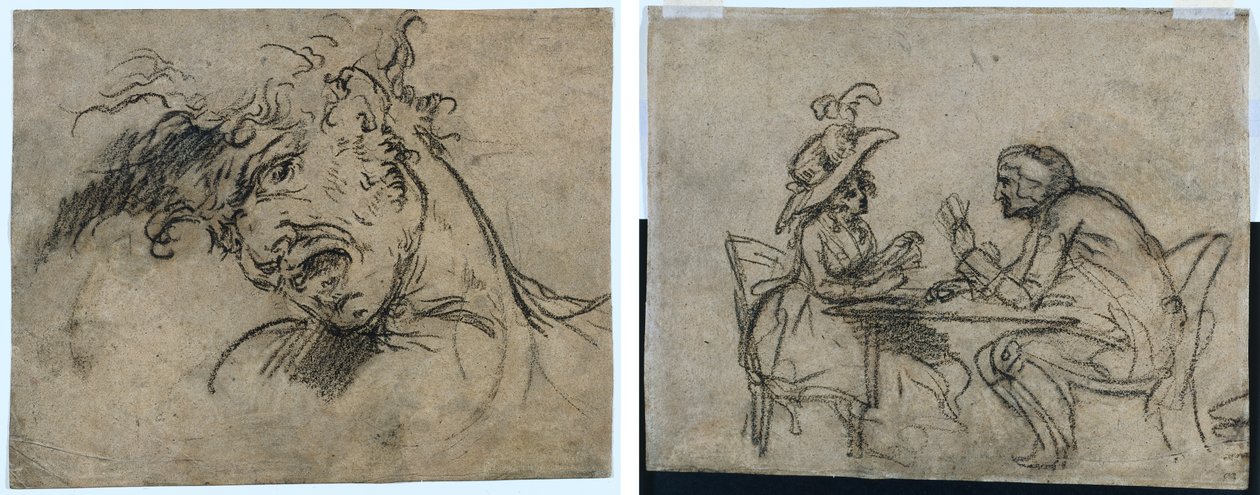 Hoofd van een schreeuwende man (recto) Vrouw en man die kaarten spelen (verso) door Benjamin West