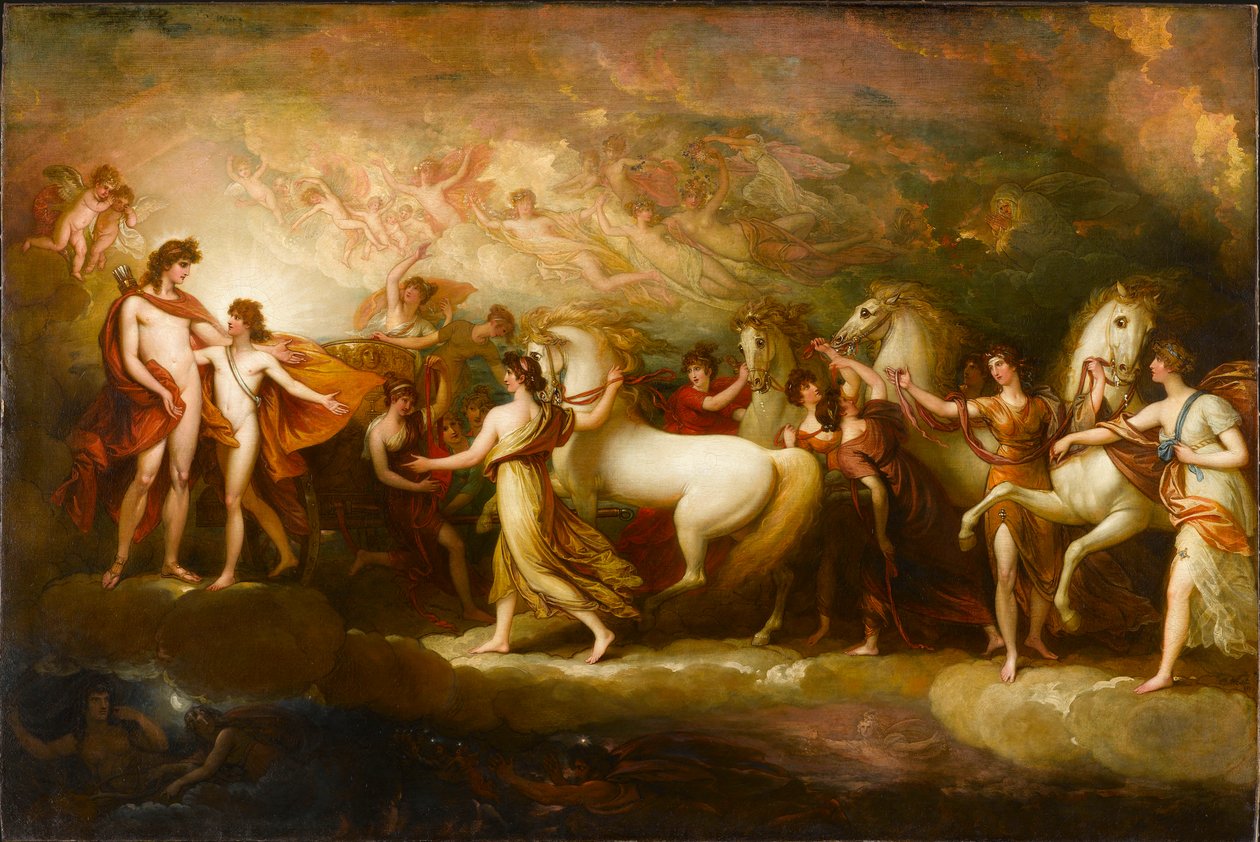 Phaeton vraagt Apollo om de zonnewagen te besturen door Benjamin West
