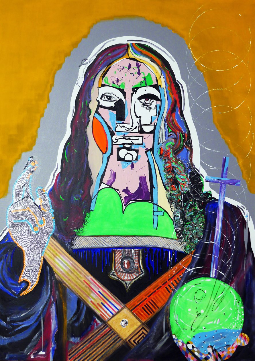 Surpeinture : Salvator Mundi, 2020 (olieverf, papier en acryl op doek) door Benoit Erwann Boucherot