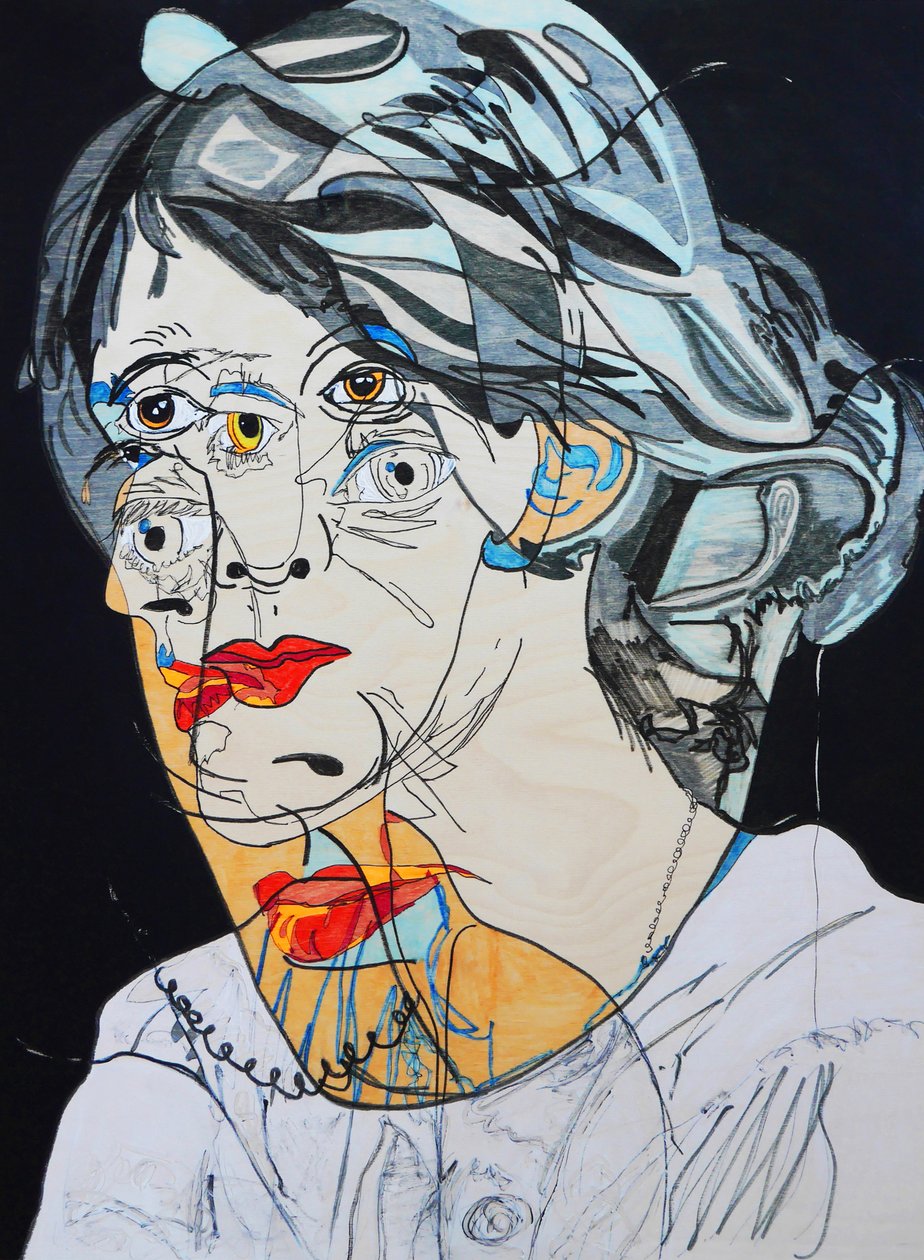 Surportret : Virginia Woolf, 2021 (olieverf en acryl op houtpaneel) door Benoit Erwann Boucherot