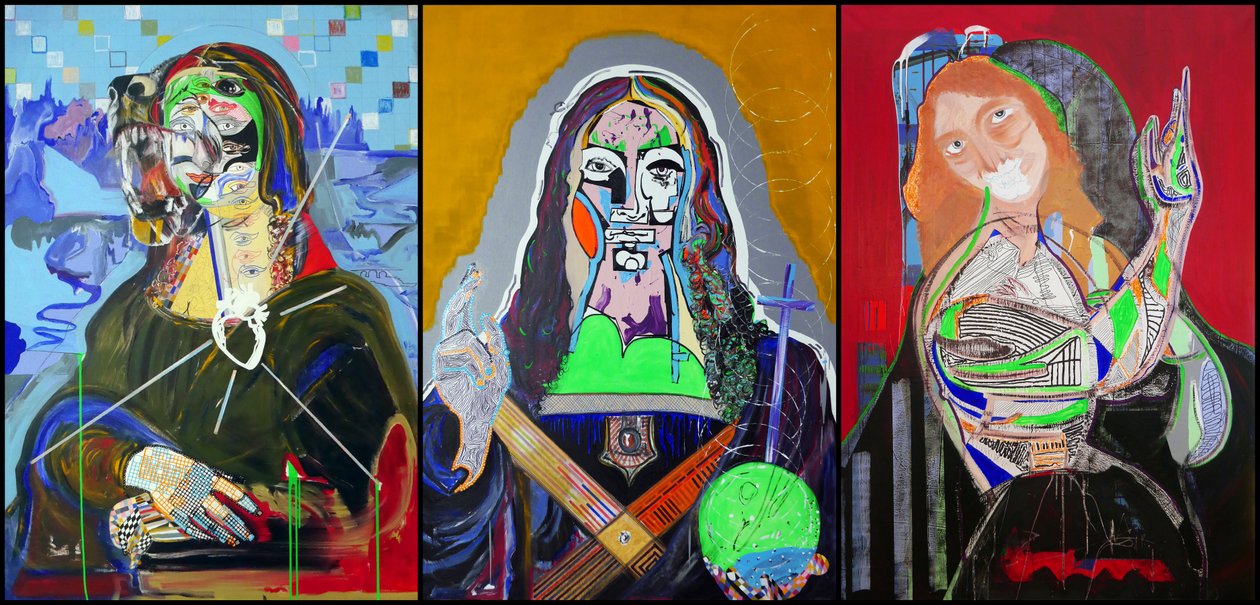 Drieluik naar Leonardo da Vinci, 2019 (olieverf, papier en acryl op 3 naast elkaar geplaatste doeken) door Benoit Erwann Boucherot