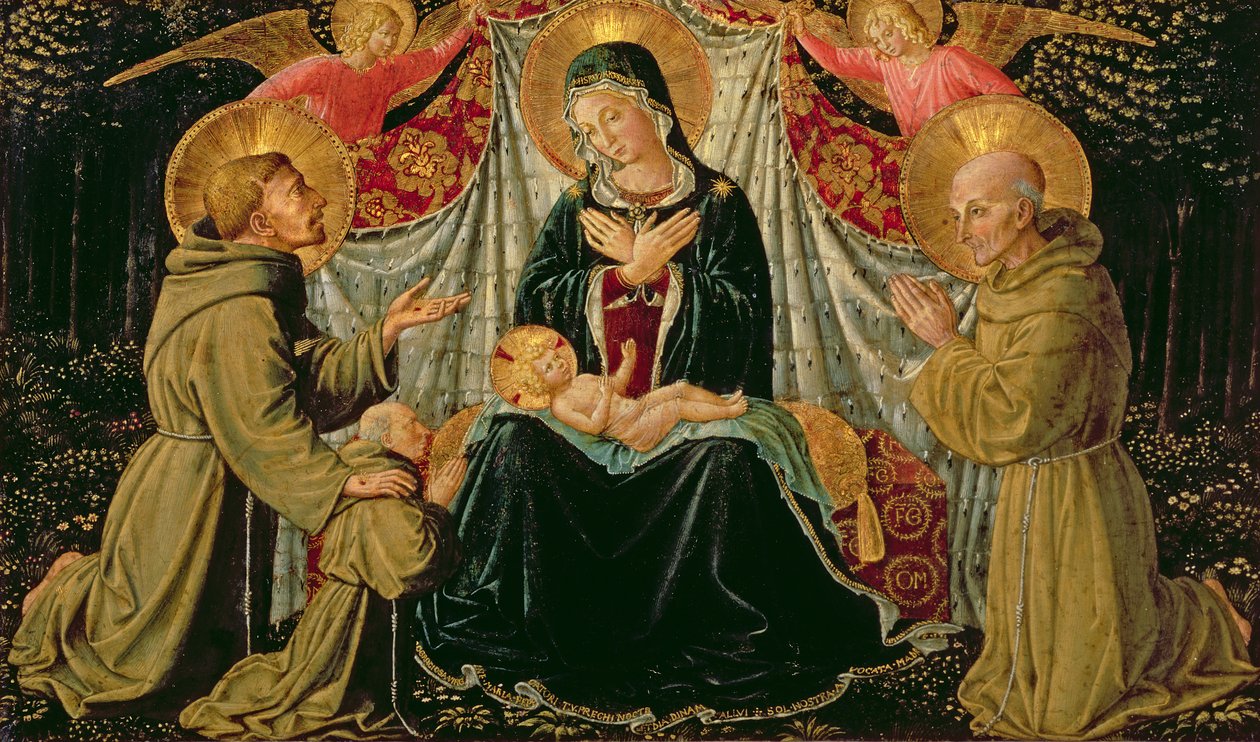 Madonna en Kind met St. Franciscus en de schenker Fra Jacopo da Montefalco (links) en St. Bernardino van Siena (rechts), c.1452 (paneel) door Benozzo di Lese di Sandro Gozzoli