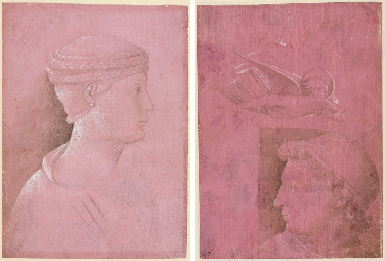Borstbeeld van een Vrouw (recto); Hoofd van een Man, Twee Studies van een Vrouwenprofiel en een Studie van een Engel (verso) door Benozzo Gozzoli