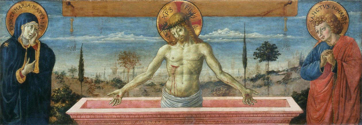 Gozzoli - Christus de Man van Smarten tussen de Maagd Maria en Johannes de Evangelist, ca. 1450 door Benozzo Gozzoli