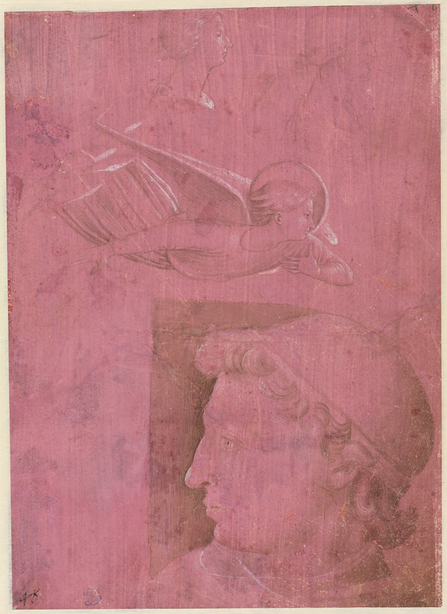 Hoofd van een Man, Twee Studies van een Vrouwenprofiel, en een Studie van een Engel (verso) door Benozzo Gozzoli