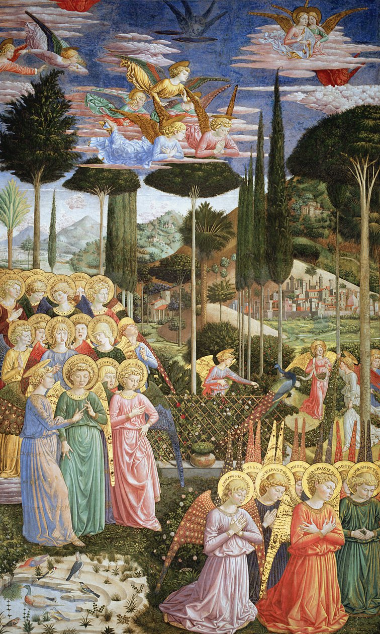 Engelen in een hemels landschap, de linkerwand van de apsis, uit de reis van de wijzen cyclus in de kapel c.1460 door Benozzo di Lese di Sandro Gozzoli