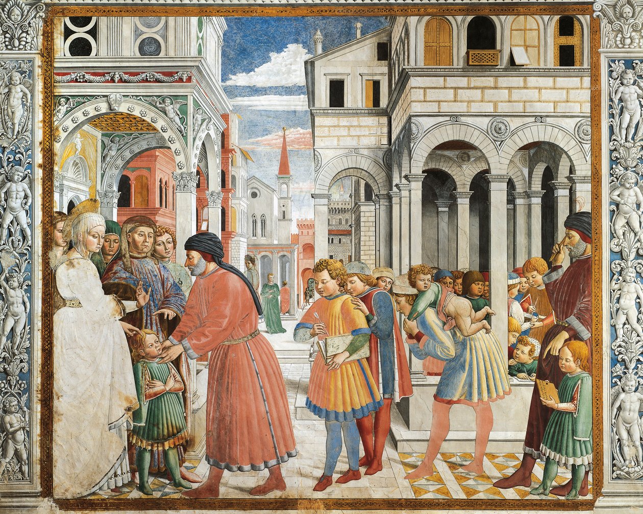 Sint Augustinus door zijn ouders naar de grammaticale leraar in Tagaste gebracht, fresco, Kerk van Sint Augustinus, San Gimignano door Benozzo di Lese di Sandro Gozzoli