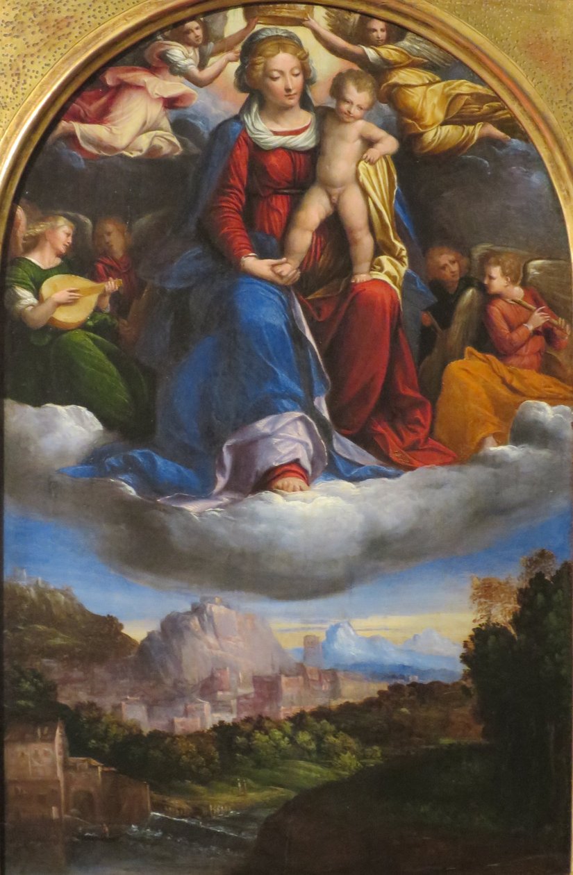 Madonna en kind in glorie door Benvenuto Tisi
