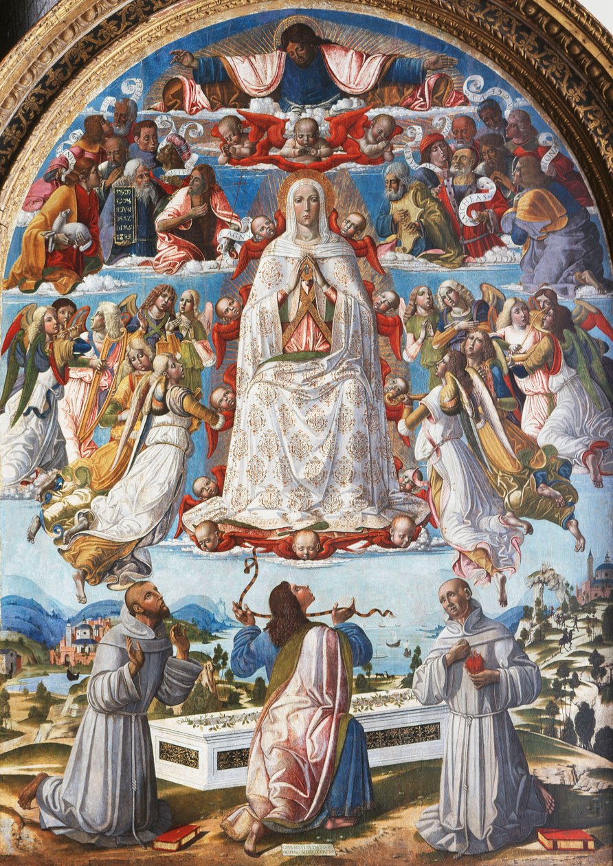De Tenhemelopneming van de Maagd met Sint Thomas die de Gordel ontvangt tussen de Heiligen Franciscus van Assisi en Antonius van Padua door Benvenuto di Giovanni