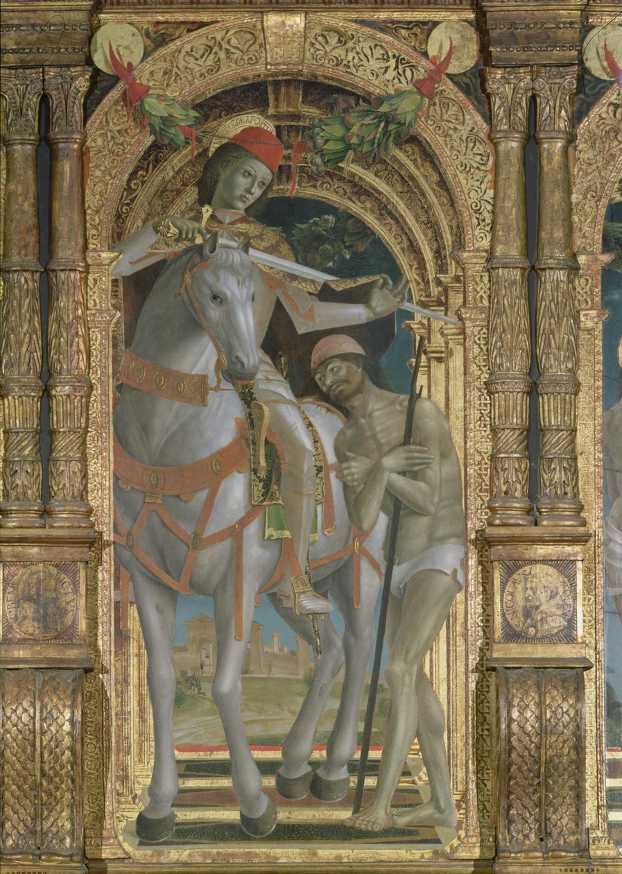 St. Martin deelt zijn mantel met de bedelaar, detail van een polyptiek, 1485 door Bernadino Jacobi Butinone