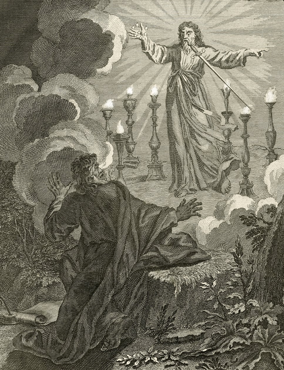 Jezus verschijnt in het Boek Openbaring met zeven sterren in zijn rechterhand en een tweesnijdend zwaard uit zijn mond, 1763 door Bernard Picart