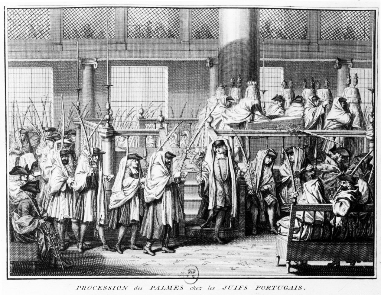 Processie van Palmen (Hoschana Rabah) tijdens het Loofhuttenfeest onder Portugese Joden, 1725 door Bernard Picart