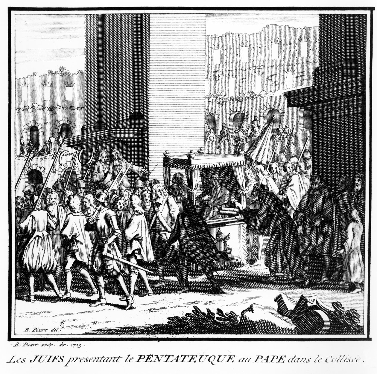De Joden van Rome presenteren de Pentateuch aan de paus in het Colosseum, 1725 door Bernard Picart