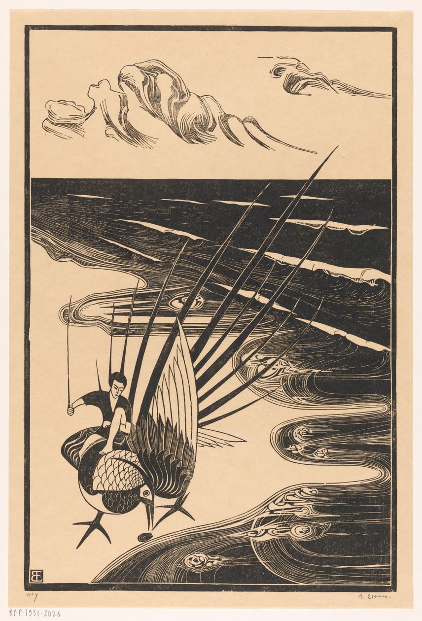 Figuur zittend op een fazant op het strand door Bernard Essers (signed by artist)