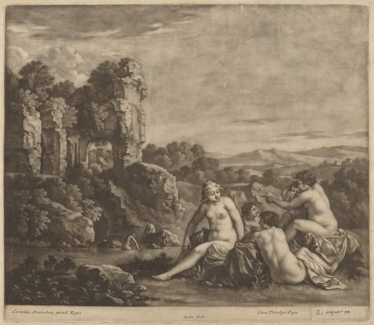 Baden in een landschap door Bernard Lens, after Cornelis van Poelenburch