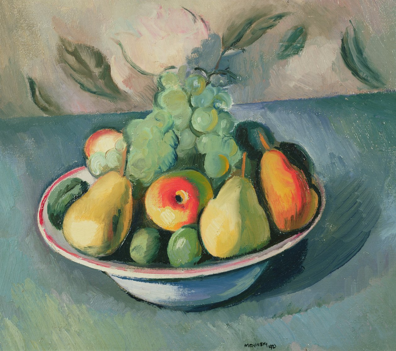 Een stilleven van fruit in een kom door Bernard Meninsky