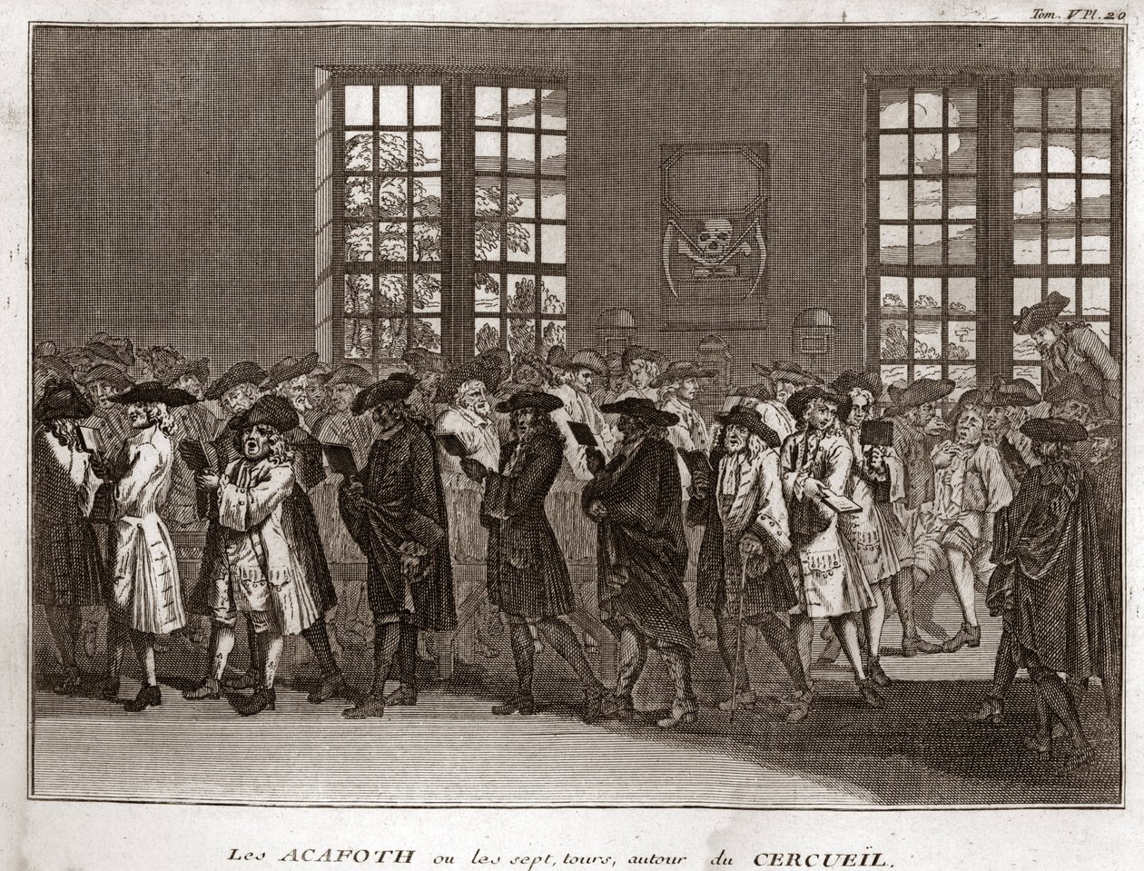 Een congregatie van Joodse rouwenden die de Acafoth uitvoeren bij een begrafenis Gravure uit Illustratie de ceremonies et customs religieuses de tous les peuples du monde door Bernard Picart (1723-1743) 1819 Privécollectie door Bernard Picart