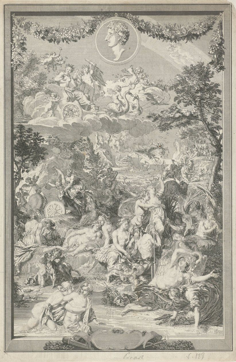 Allegorische titelpagina met verschillende scènes uit de metamorfosen van Ovidius en diens portret door Bernard Picart
