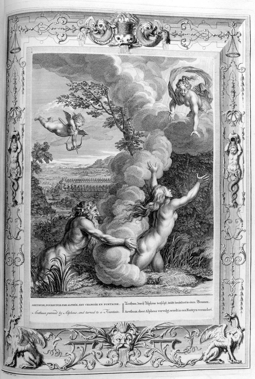 Arethusa achtervolgd door Alpheus en veranderd in een fontein, 1733 door Bernard Picart