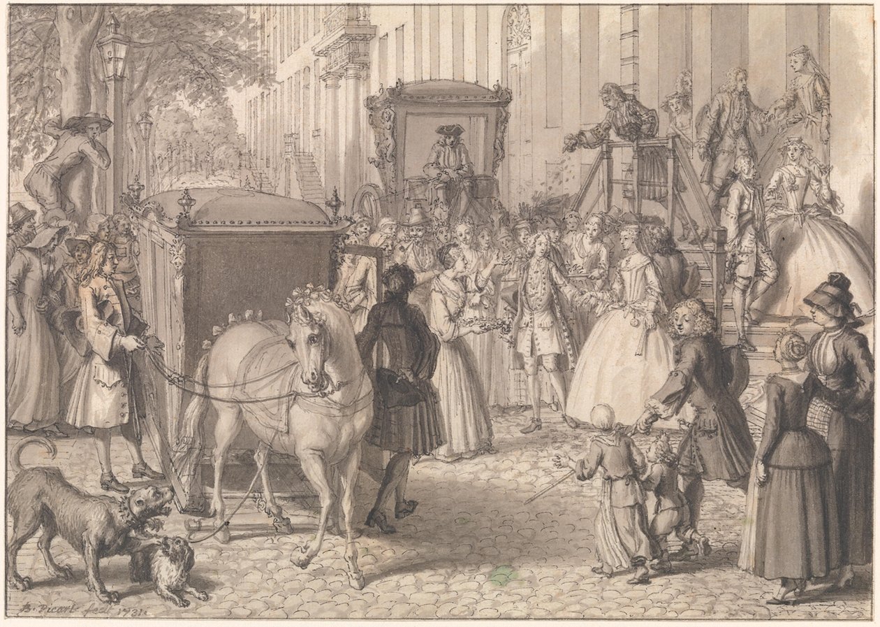 Begin van een huwelijksoptocht van een luthers paar door Bernard Picart