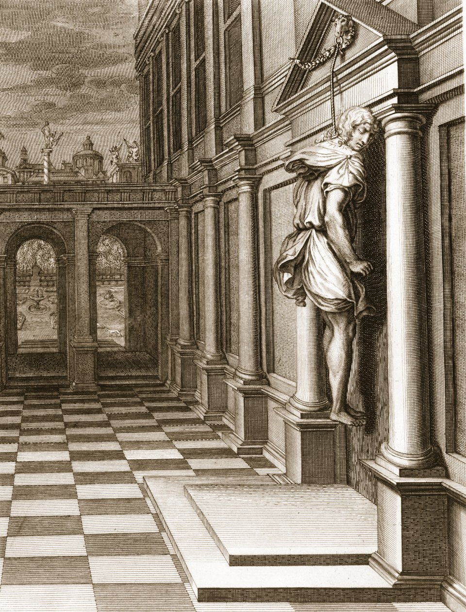 Iphis hangt zichzelf op in wanhoop omdat hij Anaxarete niet kon winnen, 1731 door Bernard Picart
