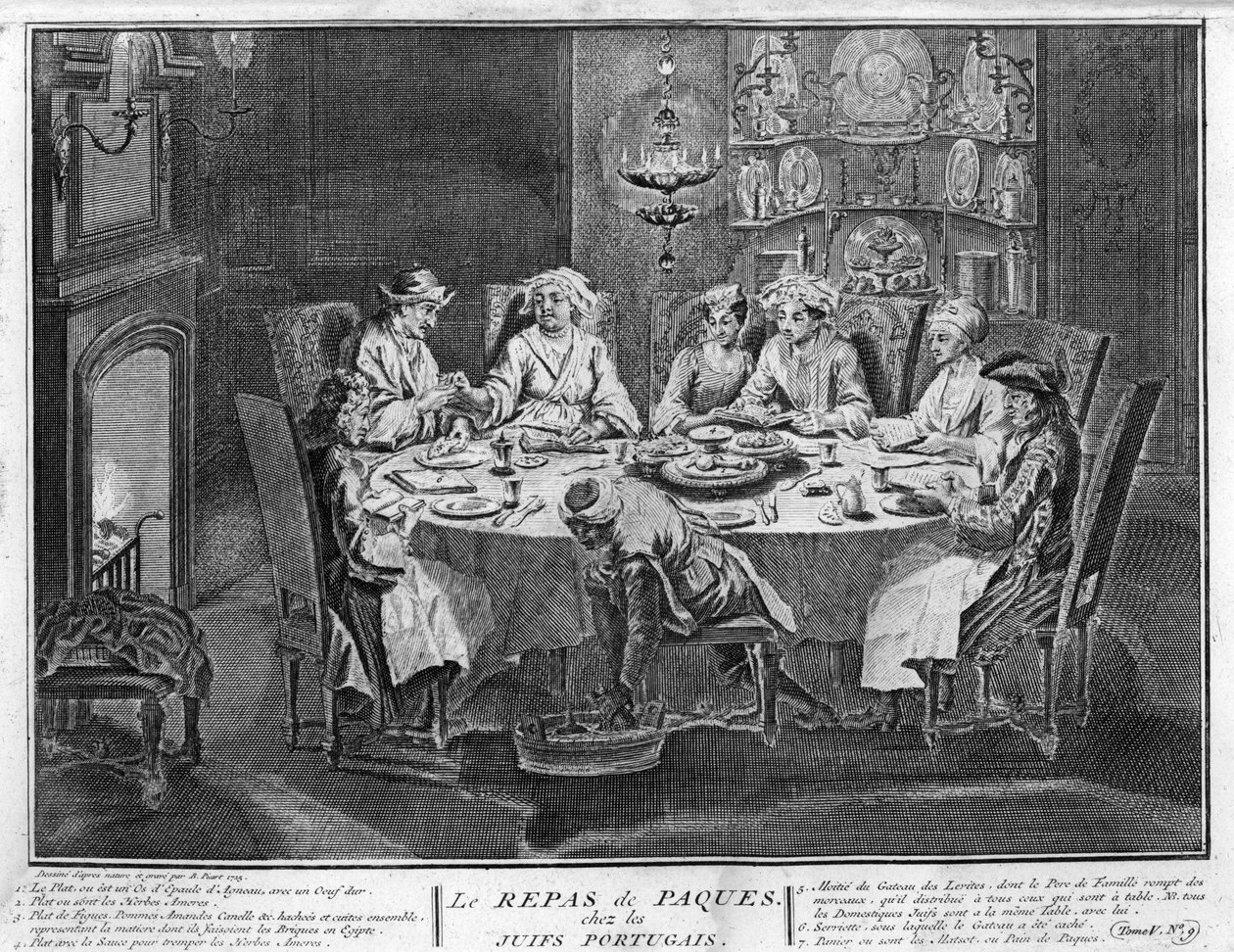Jodendom: Feest van Pesach in de Joods-Portugese gemeenschap, gravure uit "Illustratie van ceremonies en religieuze gebruiken van alle volkeren ter wereld" door Bernard Picart (1723-1743) 1819 door Bernard Picart