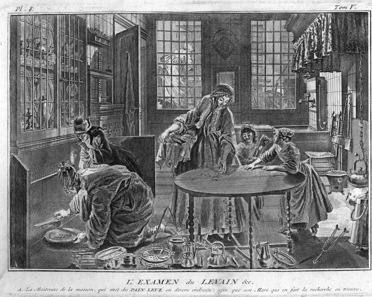 Jodendom: het onderzoek naar gist, de zoektocht naar gist op de vooravond van het Pesachfeest (Pasen) De zoektocht naar gist, verwijdering van alle chametz op de vooravond van Pesach voor het Joodse volk) Gravure uit “Illustratie van ceremonies en religieu door Bernard Picart