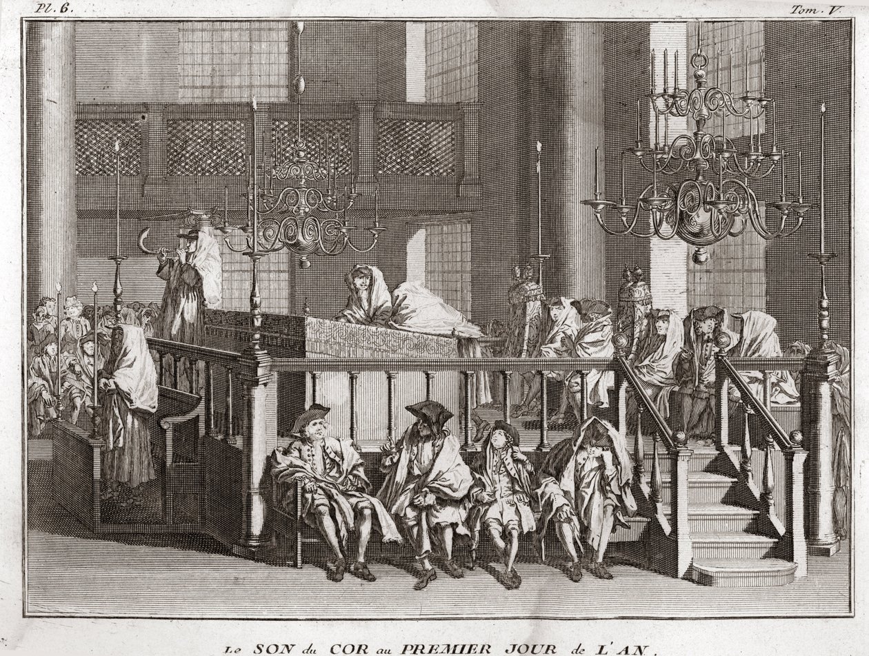 Jodendom: het geluid van de hoorn op de eerste dag van het jaar (geluid van de sjofar op Rosj Hasjana) (Joods Nieuwjaarsfeest: Blazen van de sjofar op Rosj Hasjana) Gravure uit Illustratie van religieuze ceremonies en gebruiken van alle volkeren door Bernard Picart