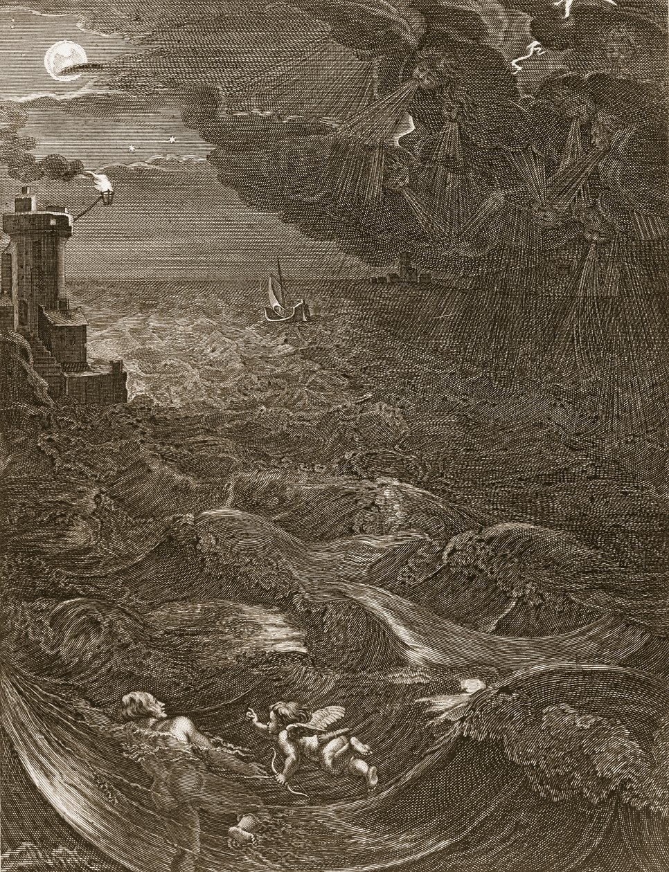 Leander zwemt over de Hellespont om zijn minnares Hero te ontmoeten, 1730 door Bernard Picart