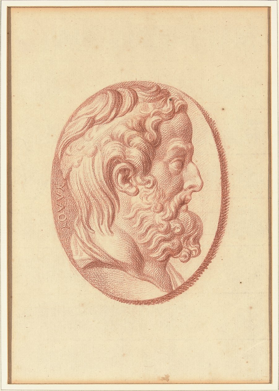 Een van vier studies naar cameeën, drie met klassieke profielportretten en een met een fragmentair reliëf van Cupido en twee leeuwen die een wagen trekken door Bernard Picart