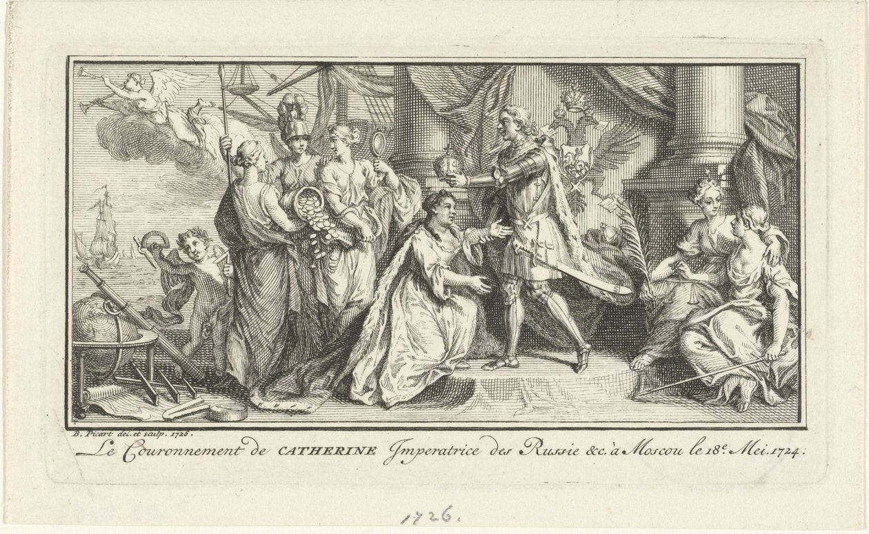 Peter de Grote kroont zijn vrouw Catharina I tot keizerin, 1726 door Bernard Picart